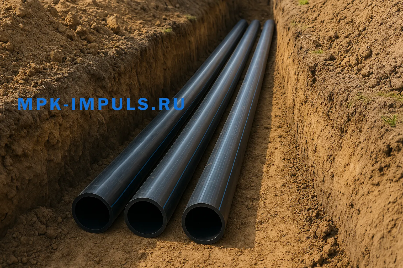 Трубы пластиковые полиэтиленовые ПНД для водоснабжения с синей полоской чёрные