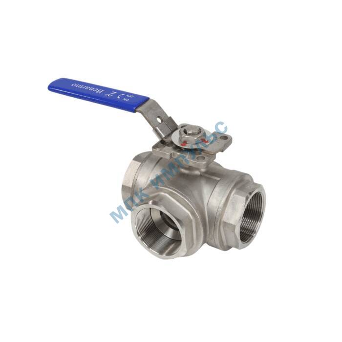 Кран шаровой нерж CF8М 4030HA 3-ходовой Т-образный Ду 32 Ру63 ВР под электропривод с рукояткой ISO F04/F05 Benarmo — изображение 2