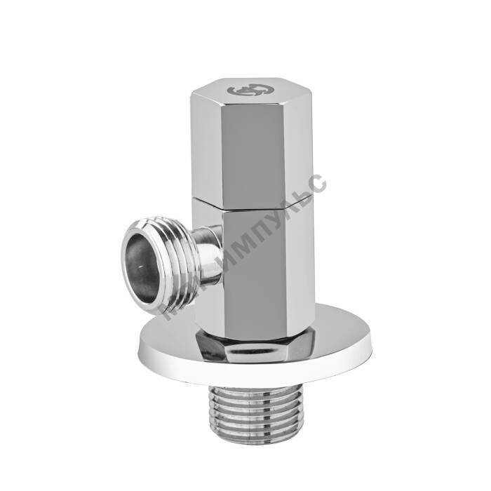 Клапан (вентиль) латунь бытовой хром угловой с отражателем 1077 G1/2"х3/4" Ру16 НР маховик гексагон Aquasfera 1077-02 — изображение 2