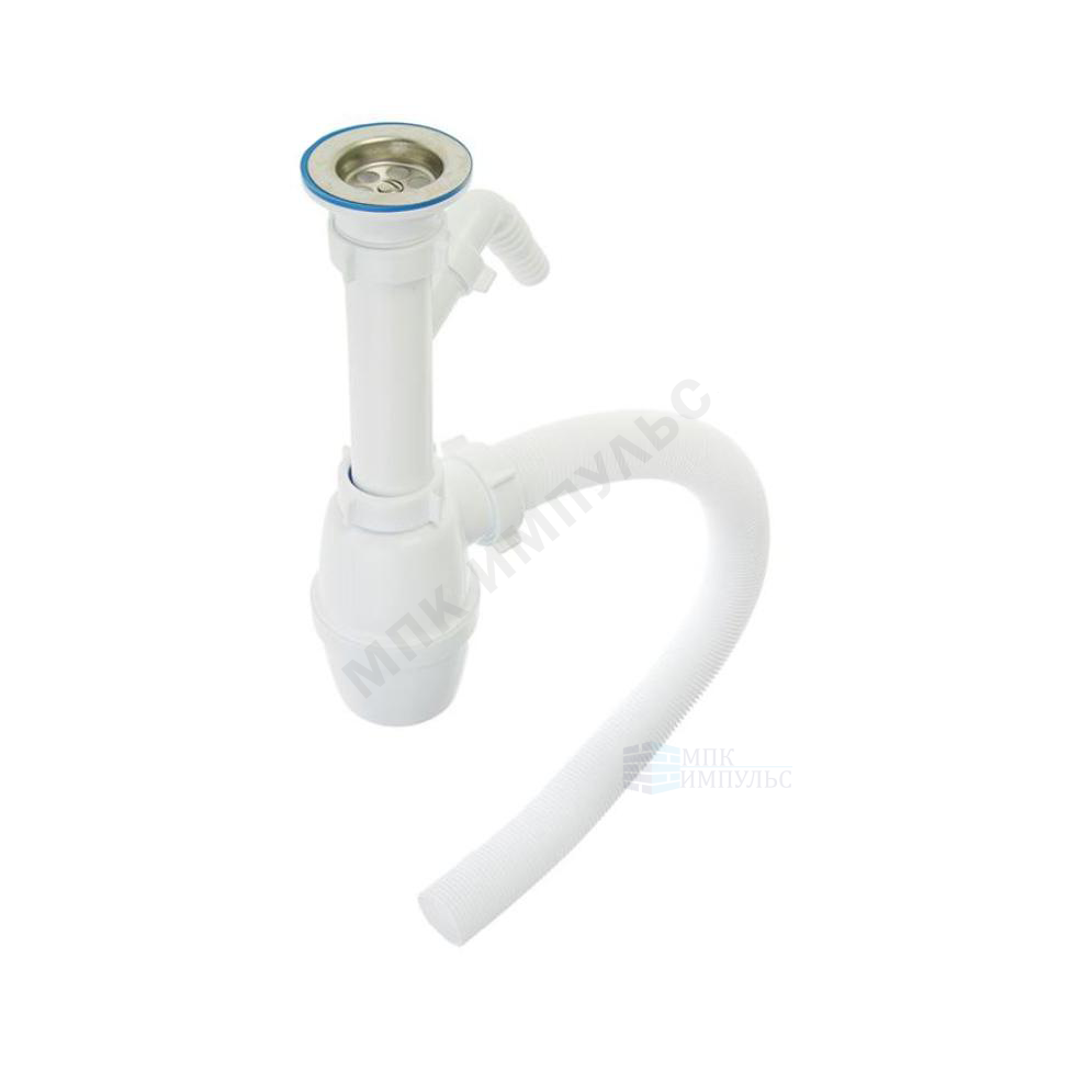 Сифон для кухонной мойки бутылочный 1 1/2"x40 с гофрой D=40мм с отводом (штуцером) выпуск с нержавеющей решёткой D=70мм Эконом Орио Е-40051