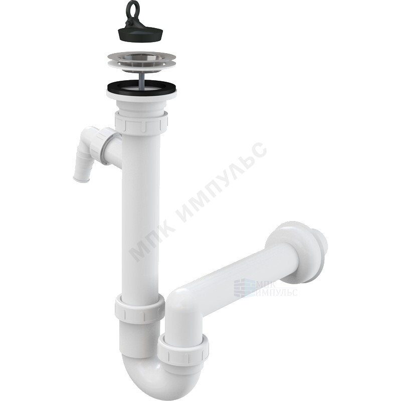 Сифон для кухонной мойки трубный 1 1/2"x40 с прямой трубкой 40 с отводом (штуцером) выпуск с нержавеющей решёткой D=70мм Alca Plast A810-DN40