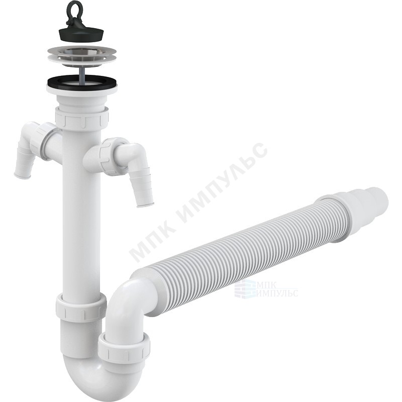 Сифон для кухонной мойки трубный 1 1/2"x40 с гофрой 40х50/40 с 2-мя отводами (штуцерами) выпуск с нержавеющей решёткой D=70мм Alca Plast A840-DN50/40