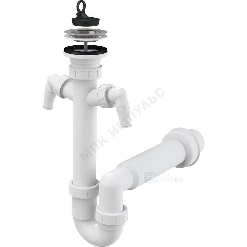 Сифон для кухонной мойки трубный 1 1/2"x40 с прямой трубкой с 2-мя отводами (штуцерами) выпуск с нержавеющей решёткой D=70мм Alca Plast A820-DN50