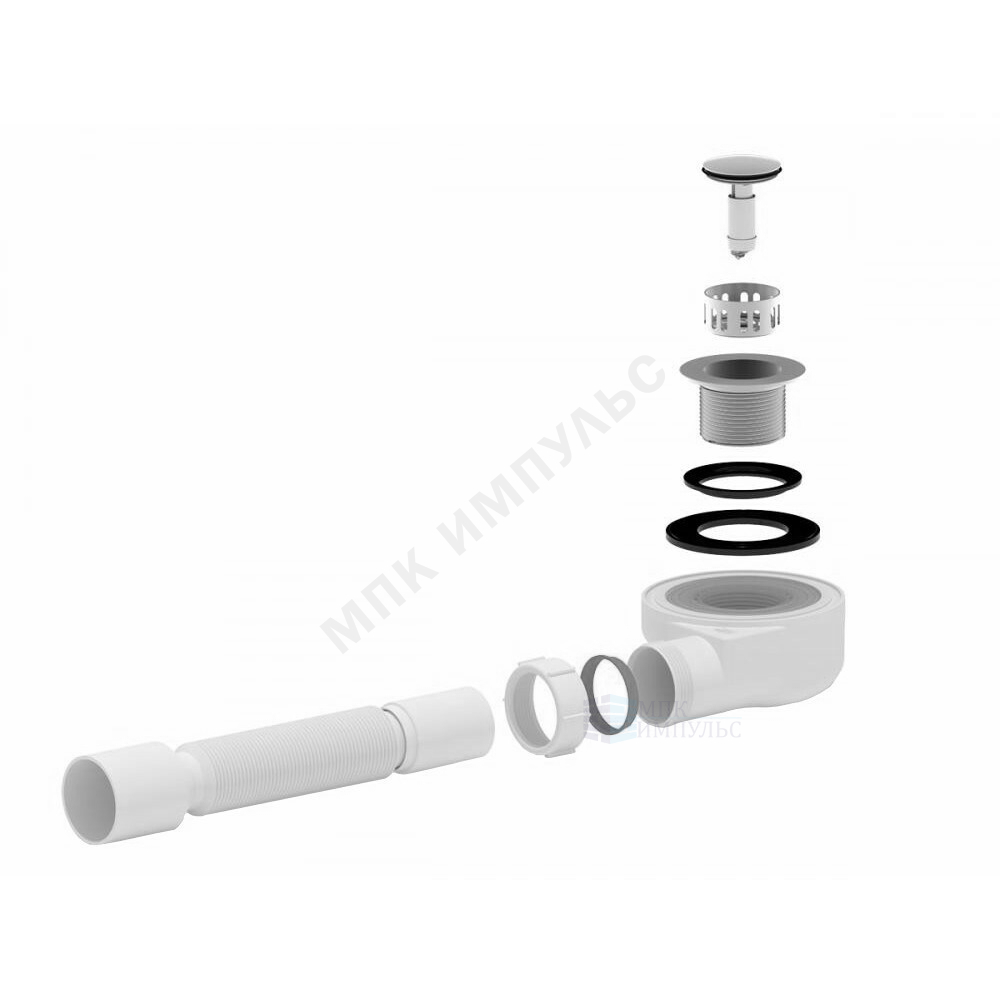 Сифон для поддона 1 1/2"x50/40 h=55мм с гофрой 40х50 слив клапан "клик-клак" (сетка), пробка D=42,6мм хром АНИ Пласт E455CLS