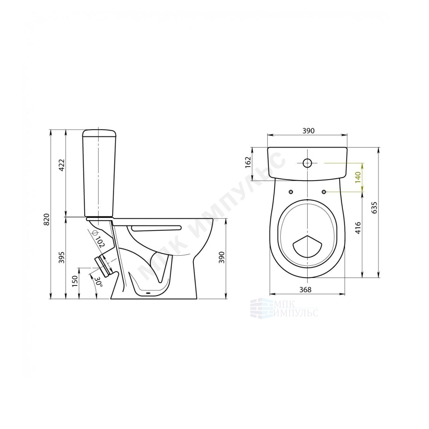 Унитаз-компакт косой выпуск нижний подвод с арматурой 1/реж слив кнопка с сиденьем полипропилен крап на белом Орион Santeri 1.P400.8.S01.00B.F — изображение 2