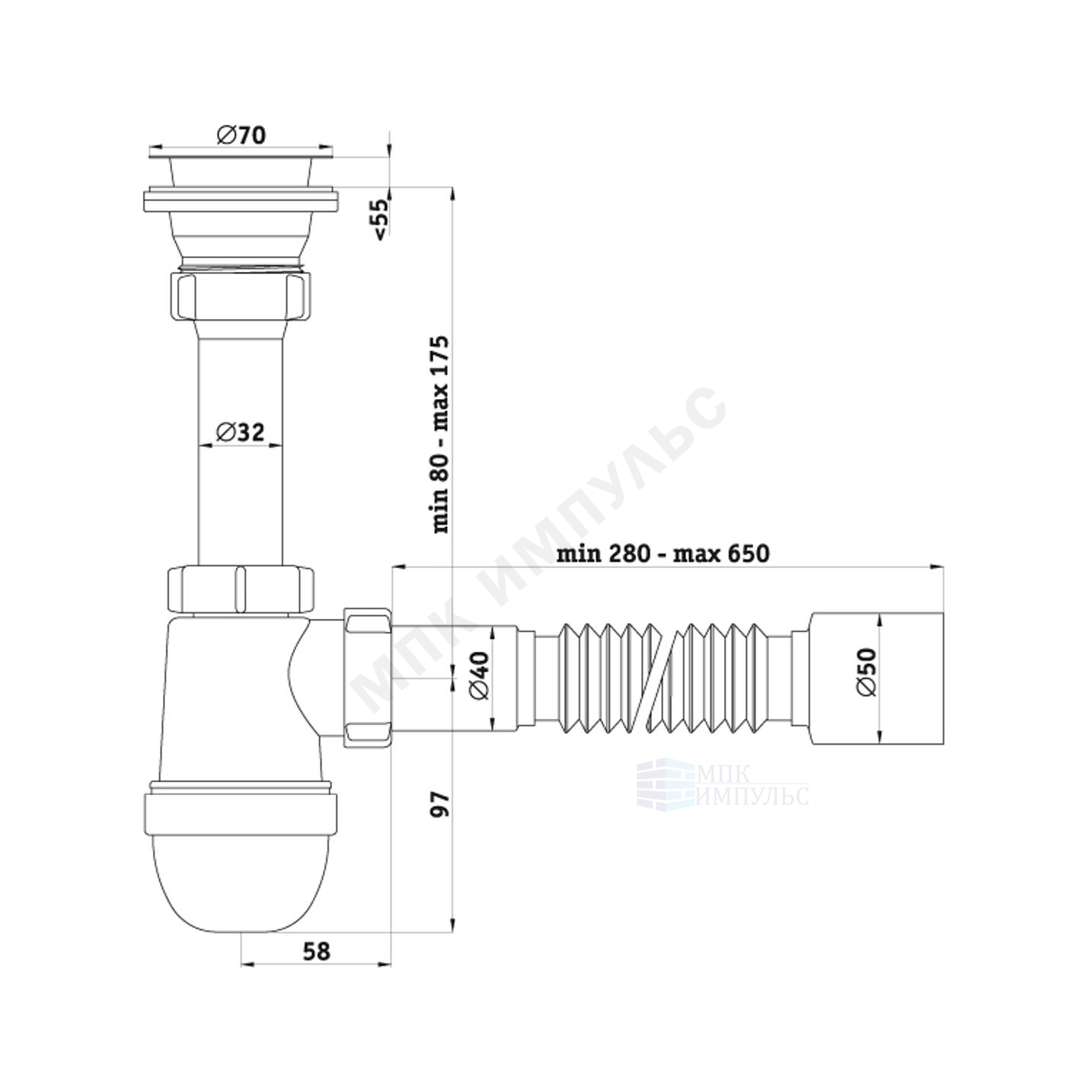 Сифон для умывальника/мойки бутылочный 1 1/2"x40 с гофрой 40х50 выпуск с нержавеющей решёткой D=70мм Ани АНИ Пласт C0110 — изображение 2