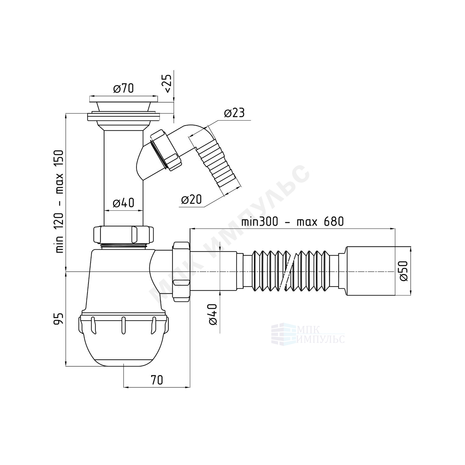 Сифон для умывальника/мойки бутылочный 1 1/2"x40 с гофрой 40х50 с отводом (штуцером) литой выпуск с нержавеющей решёткой D=70мм Ани Грот АНИ Пласт A2010 — изображение 2
