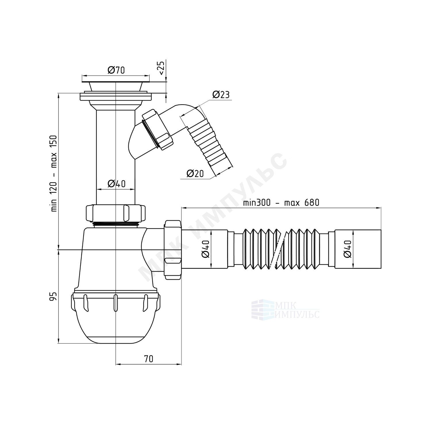Сифон для умывальника/мойки бутылочный 1 1/2"x40 с гофрой 40х40 с отводом (штуцером) литой выпуск с нержавеющей решёткой D=70мм Ани Грот АНИ Пласт A2005 — изображение 2