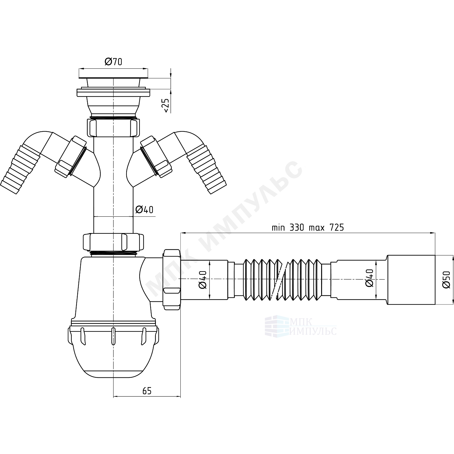 Сифон для умывальника/мойки бутылочный 1 1/2"x40 с гофрой 40х40/50 с 2-мя отводами (штуцерами) выпуск с нержавеющей решёткой D=70мм Ани Грот АНИ Пласт A1115 — изображение 2