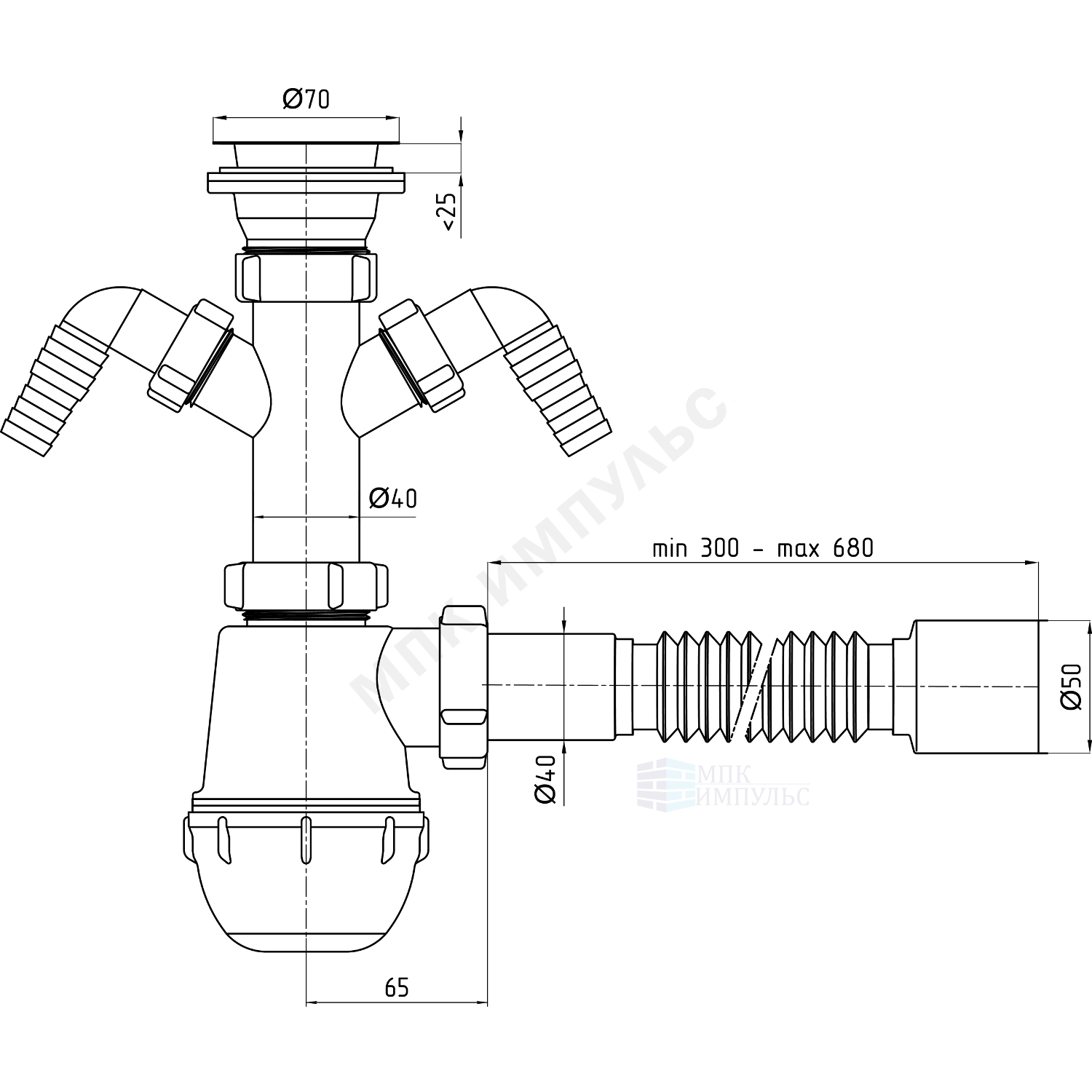 Сифон для умывальника/мойки бутылочный 1 1/2"x40 с гофрой 40х50 с 2-мя отводами (штуцерами) выпуск с нержавеющей решёткой D=70мм Ани Грот АНИ Пласт A1110 — изображение 2