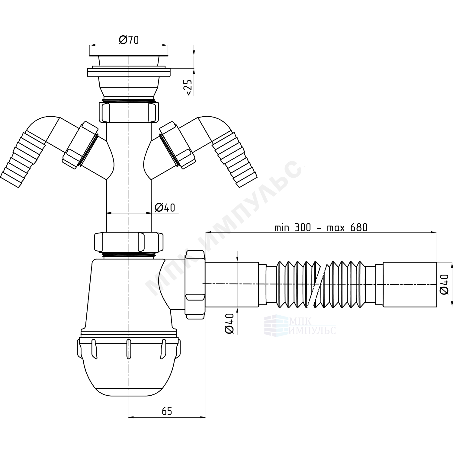 Сифон для умывальника/мойки бутылочный 1 1/2"x40 с гофрой 40х40 с 2-мя отводами (штуцерами) выпуск с нержавеющей решёткой D=70мм Ани Грот АНИ Пласт A1105 — изображение 2
