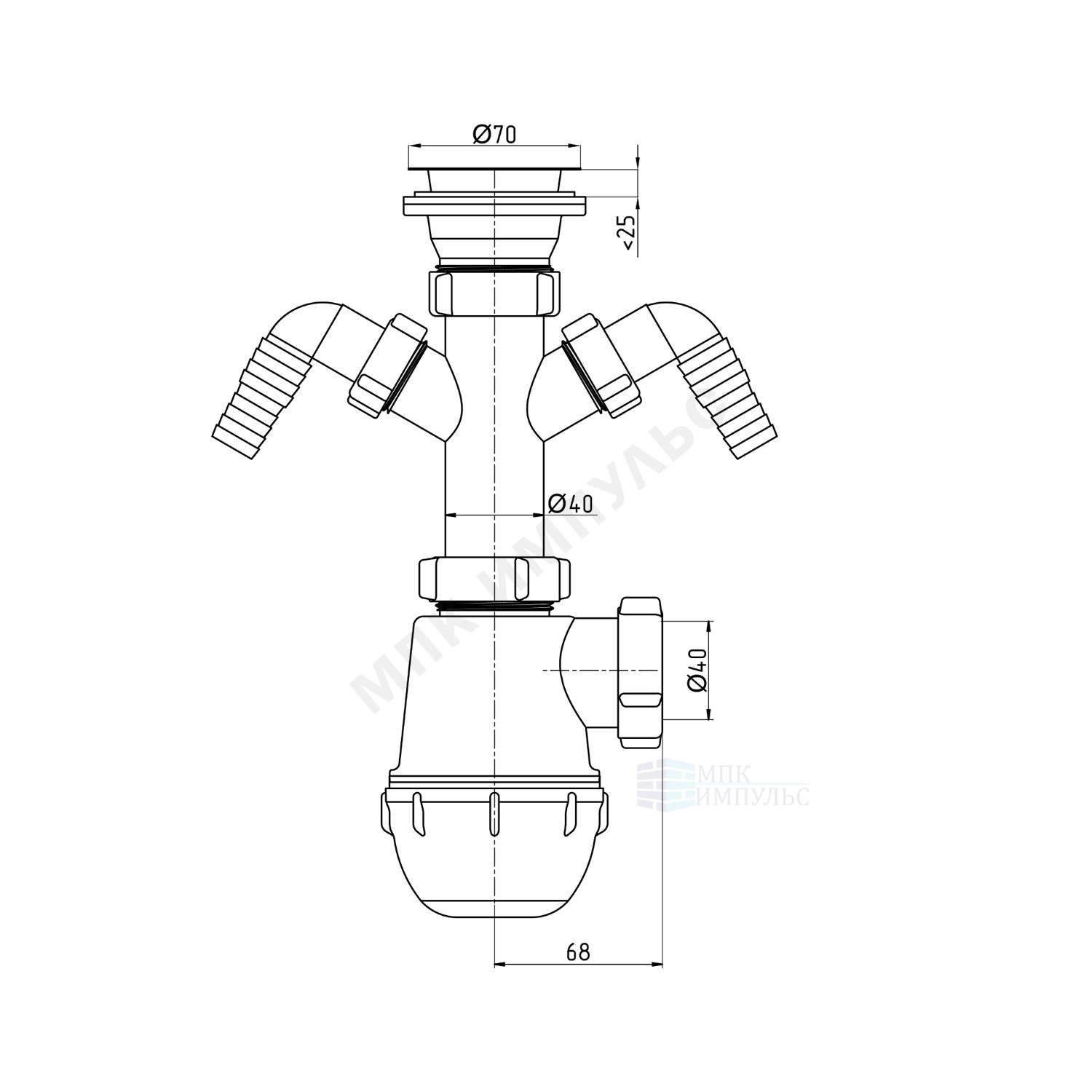 Сифон для умывальника/мойки бутылочный 1 1/2"x40 с 2-мя отводами (штуцерами) выпуск с нержавеющей решёткой D=70мм Ани Грот АНИ Пласт A1100 — изображение 2