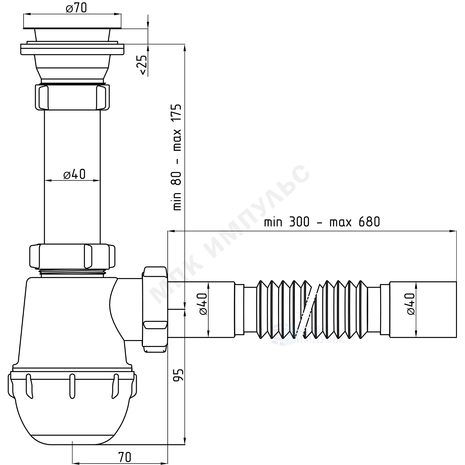 Сифон для умывальника/мойки бутылочный 1 1/2"x40 с гофрой 40х40 выпуск с нержавеющей решёткой D=70мм Ани Грот АНИ Пласт A0105 — изображение 2