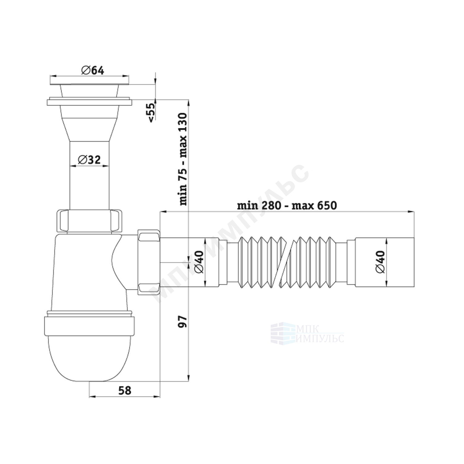 Сифон для умывальника/мойки бутылочный 1 1/4"x40 с гофрой 40х40 литой выпуск с нержавеющей решёткой D=65мм Ани АНИ Пласт C2005 — изображение 2