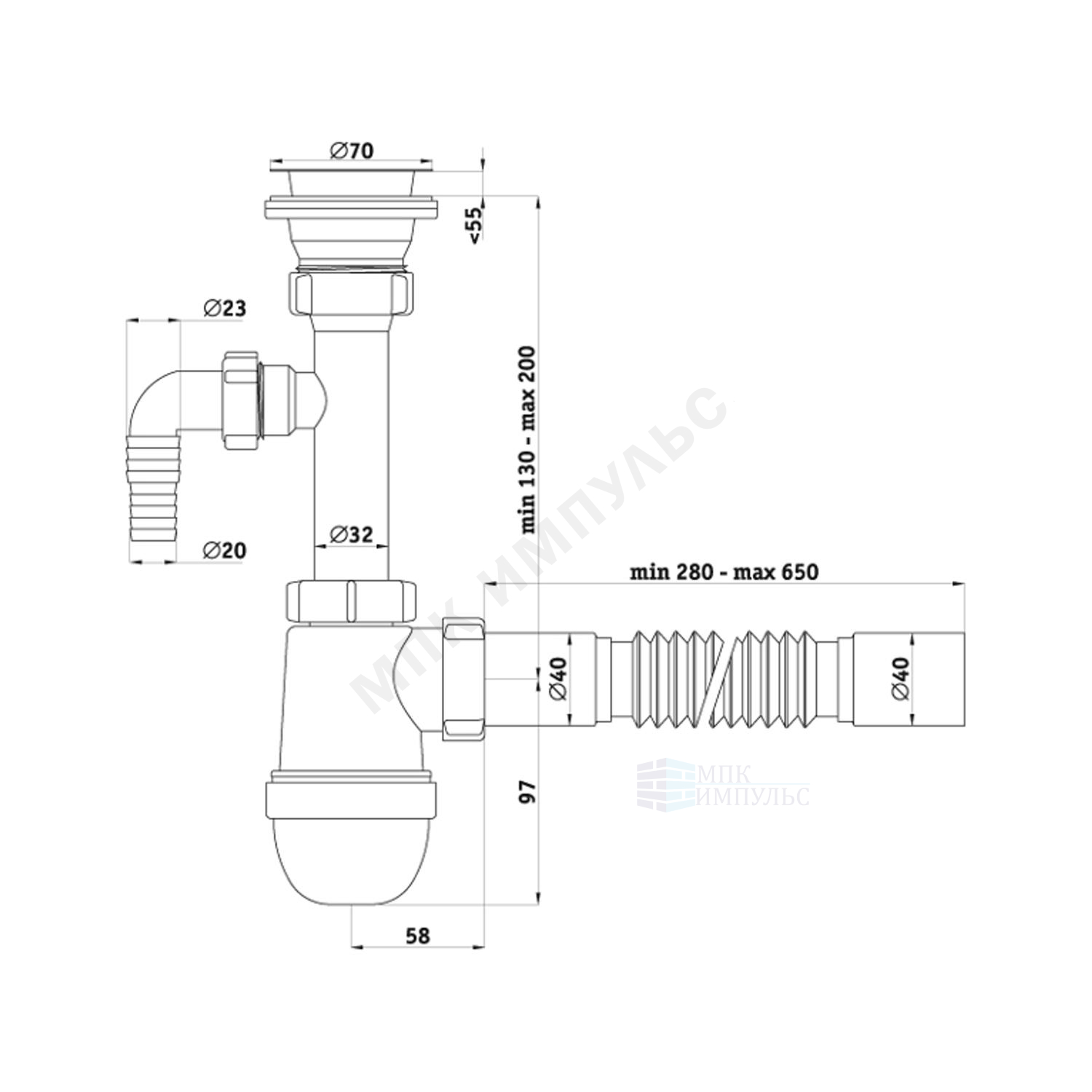 Сифон для умывальника/мойки бутылочный 1 1/2"x40 с гофрой 40х40 с отводом (штуцером) выпуск с нержавеющей решёткой D=70мм Ани АНИ Пласт C0305 — изображение 2