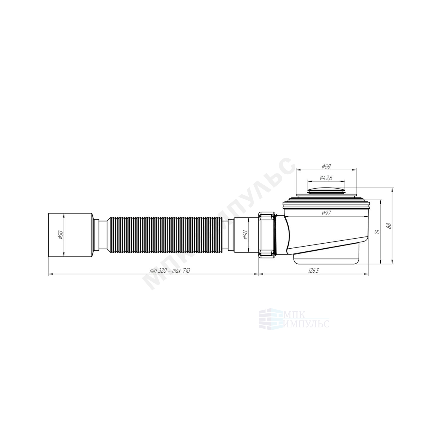 Сифон для поддона 1 1/2"x50/60/40 h=74мм с гофрой 40х50 слив клапан "клик-клак", пробка D=42,6мм хром АНИ Пласт E415CL — изображение 2