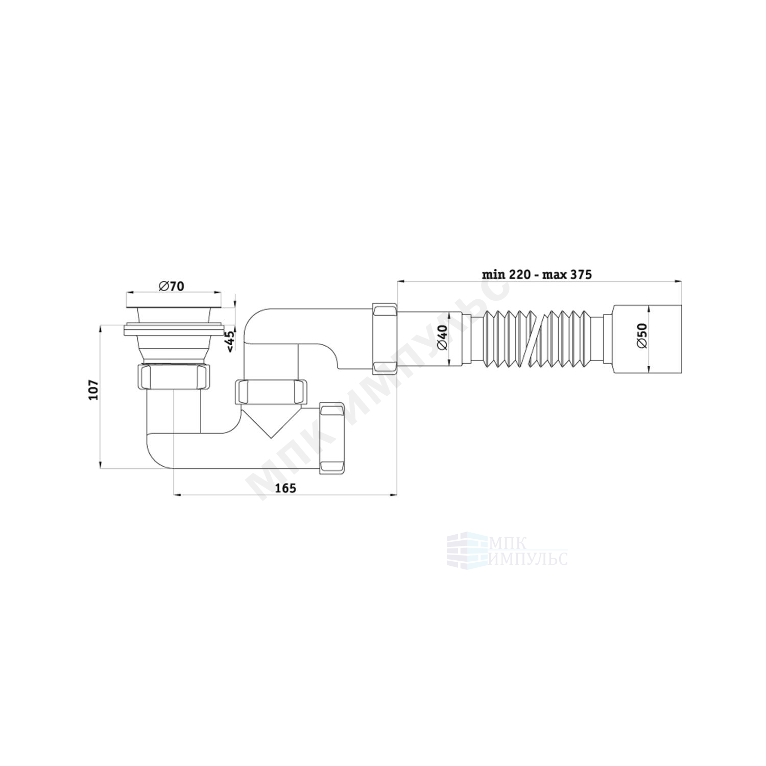 Сифон для поддона регулируемый 1 1/2"x50/40 с гофрой 40х50 выпуск с нержавеющей решёткой D=70мм АНИ Пласт E215 — изображение 2