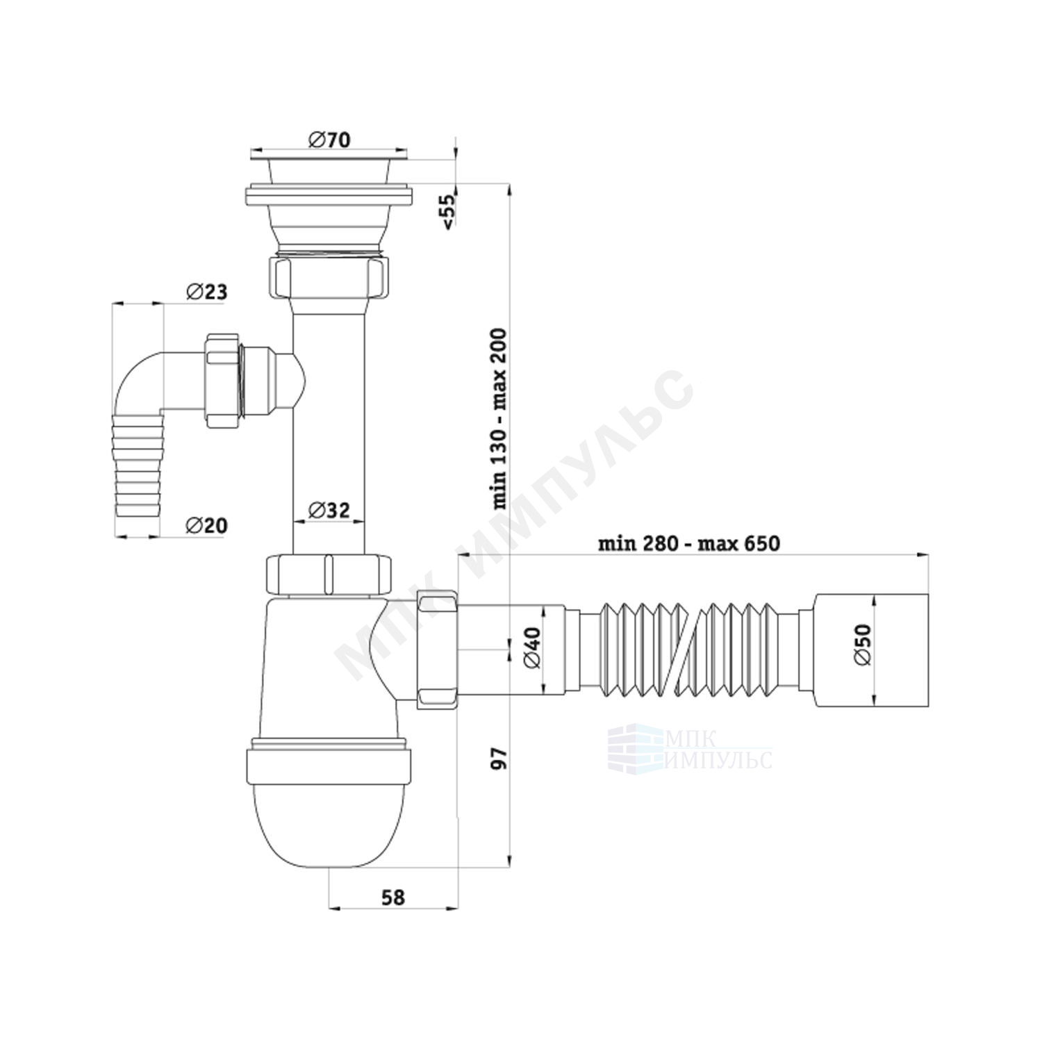 Сифон для умывальника/мойки бутылочный 1 1/2"x50 с гофрой 40х50 с отводом (штуцером) выпуск с нержавеющей решёткой D=70мм Ани АНИ Пласт C0310 — изображение 2