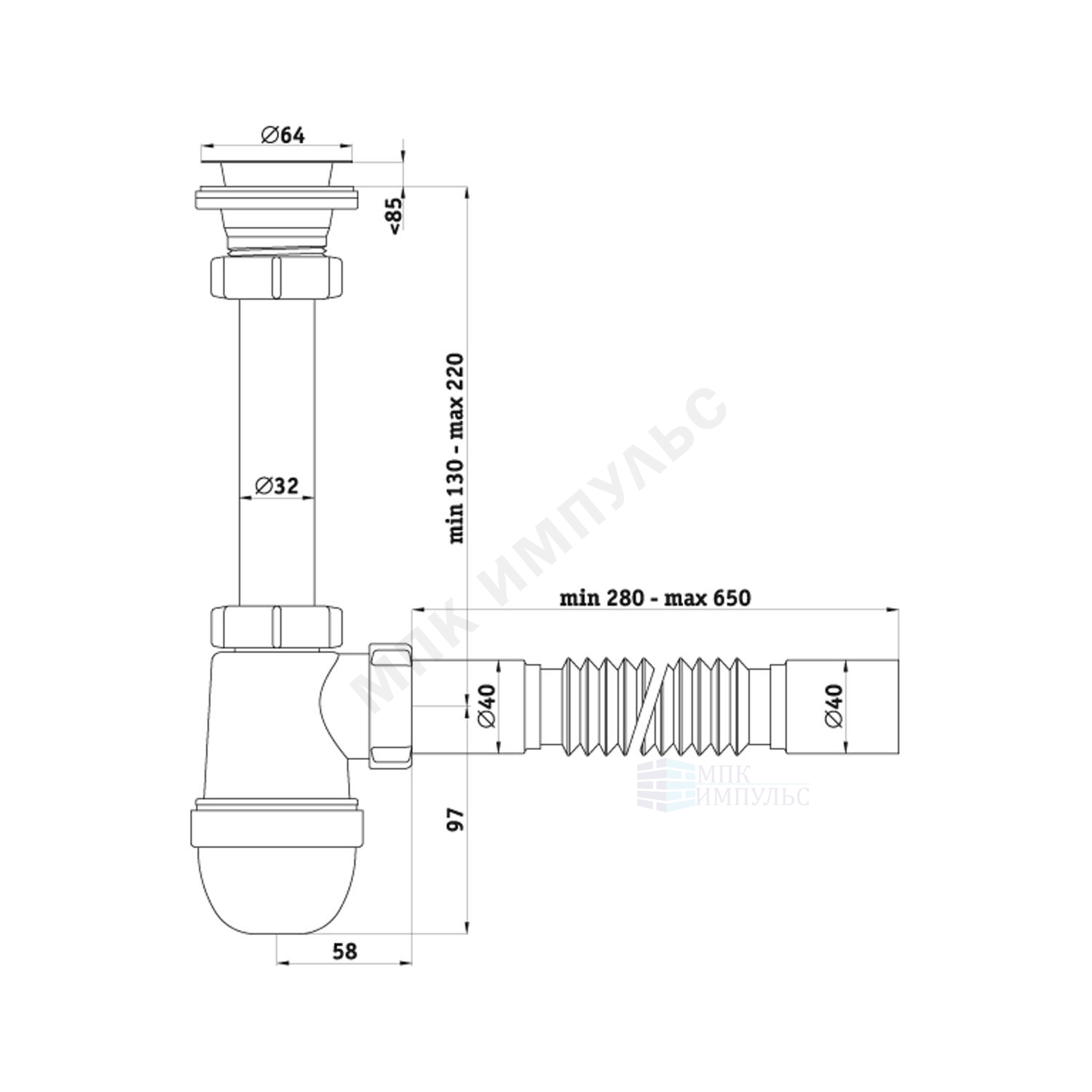 Сифон для умывальника бутылочный 1 1/4"x40 с гофрой 40х40 выпуск с нержавеющей решёткой D=65мм Ани АНИ Пласт C1005 — изображение 2