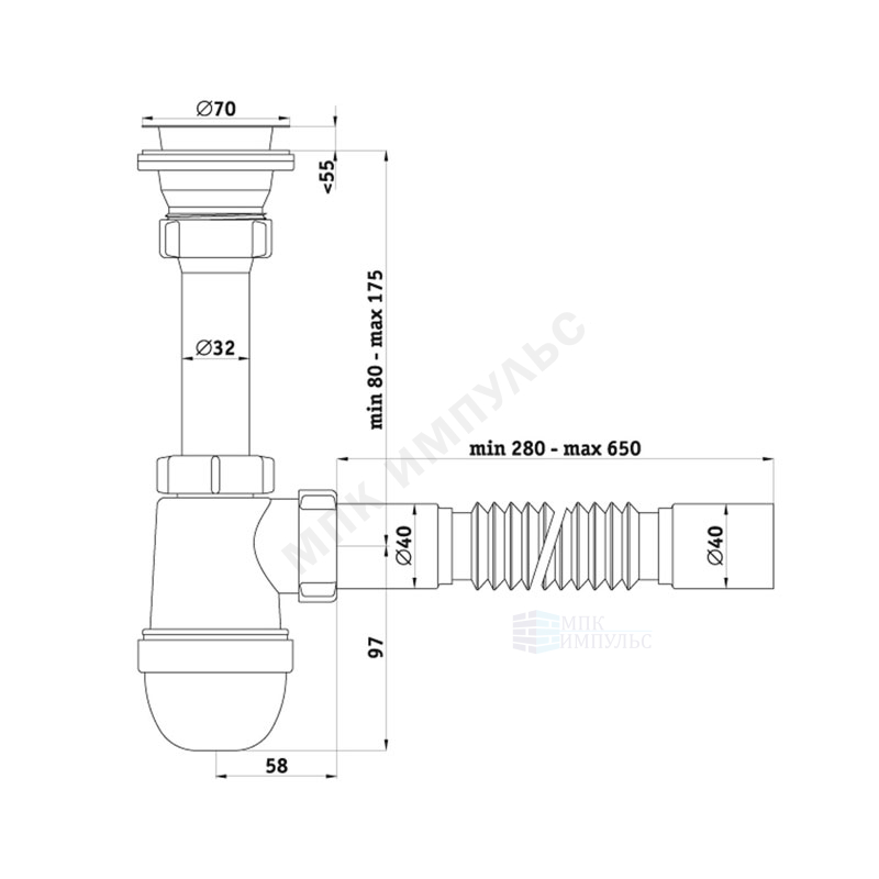 Сифон для кухонной мойки бутылочный 1 1/2"x40 с гофрой 40х40 выпуск с нержавеющей решёткой D=70мм Ани АНИ Пласт C0105 — изображение 2
