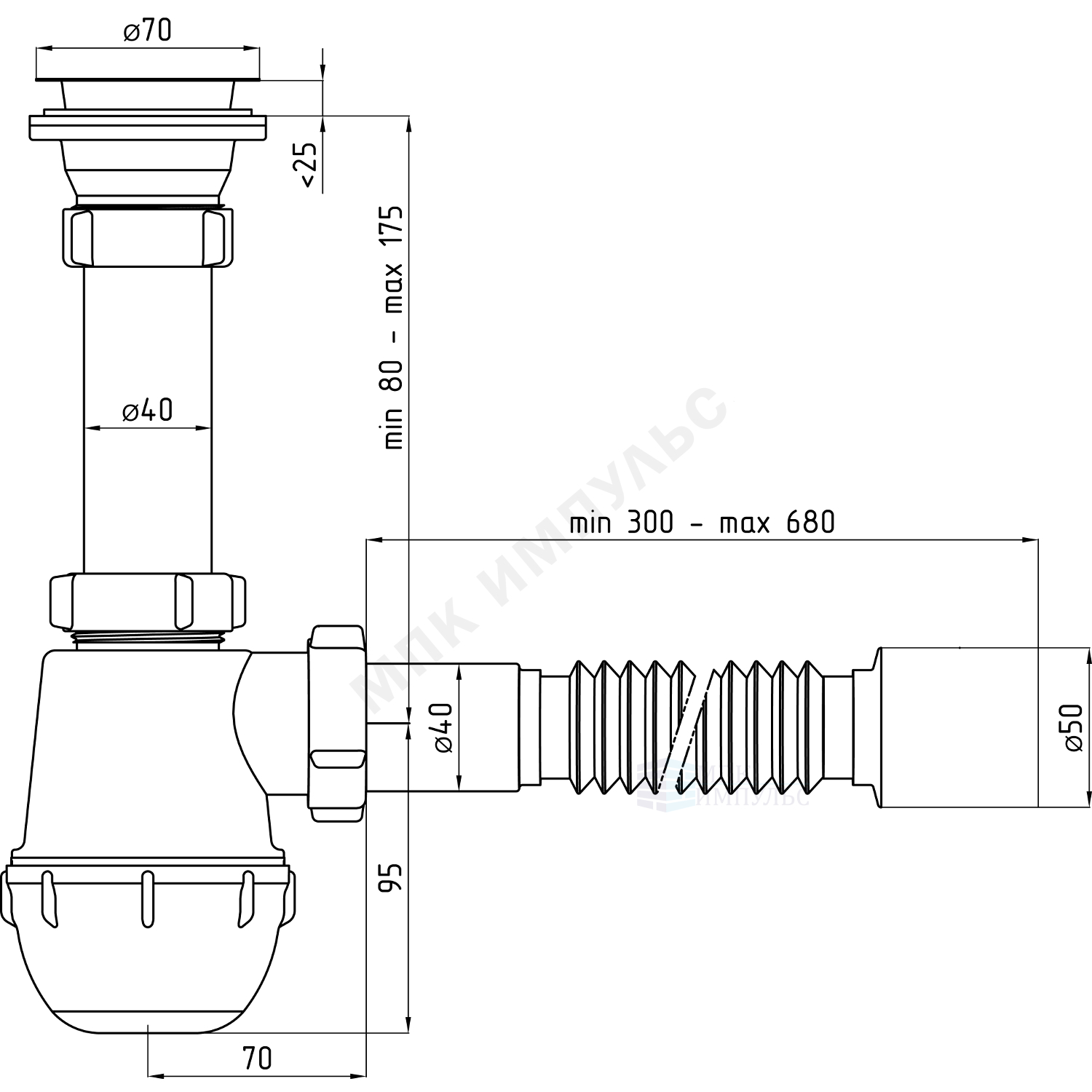 Сифон для умывальника/мойки бутылочный 1 1/2"x40 с гофрой 40х50 выпуск с нержавеющей решёткой D=70мм Ани Грот АНИ Пласт A0110 — изображение 2