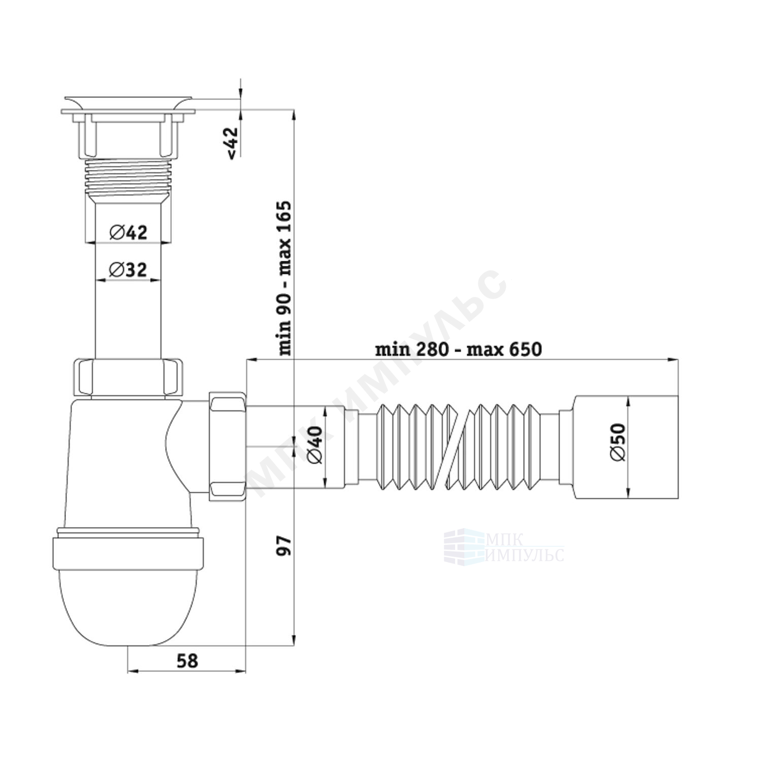 Сифон для умывальника/мойки бутылочный 1 1/4"x40 с гофрой 40х50 литой выпуск с пластиковой решёткой Варяг АНИ Пласт C5010 — изображение 2