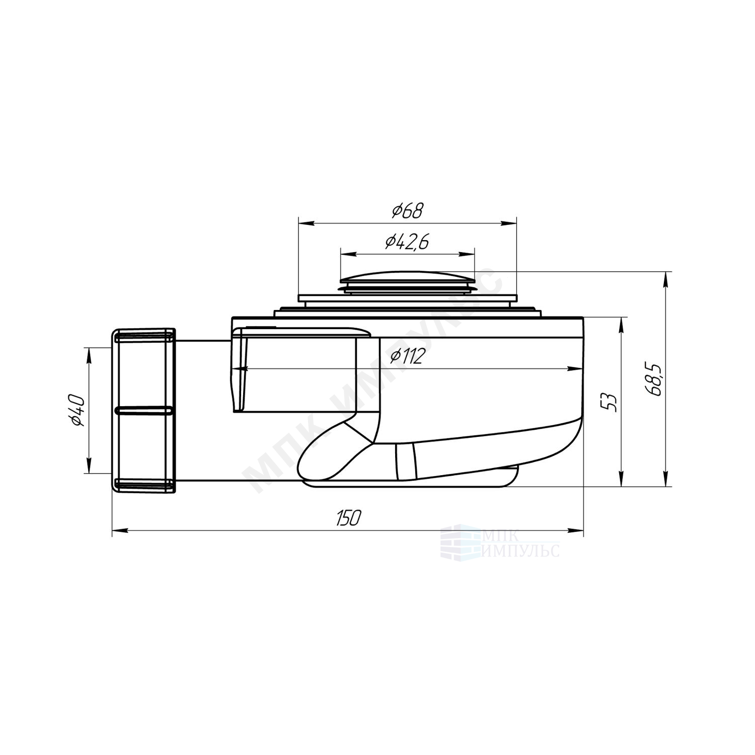 Сифон для поддона 1 1/2"x50/40 h=53мм низкий H=53мм слив клапан "клик-клак" (сетка), пробка D=42,6мм хром АНИ Пласт E450CLS — изображение 2