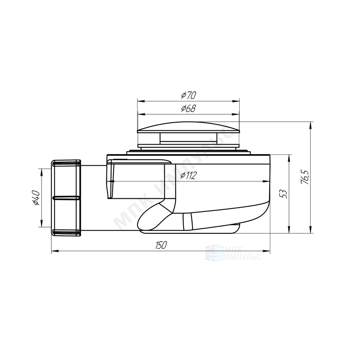 Сифон для поддона 1 1/2"x50/40 h=53мм низкий H=53мм слив клапан "клик-клак" (грибок-сетка), пробка D=68мм хром АНИ Пласт E450CLGS — изображение 2