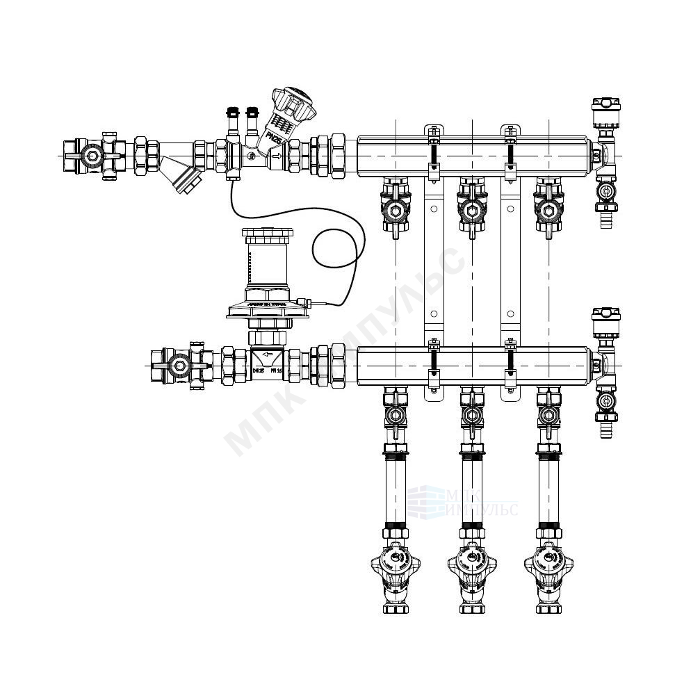 Узел коллекторный этажный латунь Ду 40 для учёта расхода ТЭ GE553-B3 3/4" 6 вых 1/2" Giacomini GE553Y046 — изображение 2