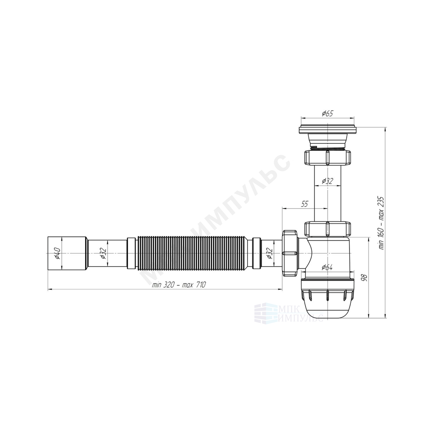 Сифон для умывальника бутылочный 1 1/4"x32 с гофрой 32х32/40 выпуск с нержавеющей решёткой D=65мм АНИ Юнг АНИ Пласт BM1015 — изображение 2