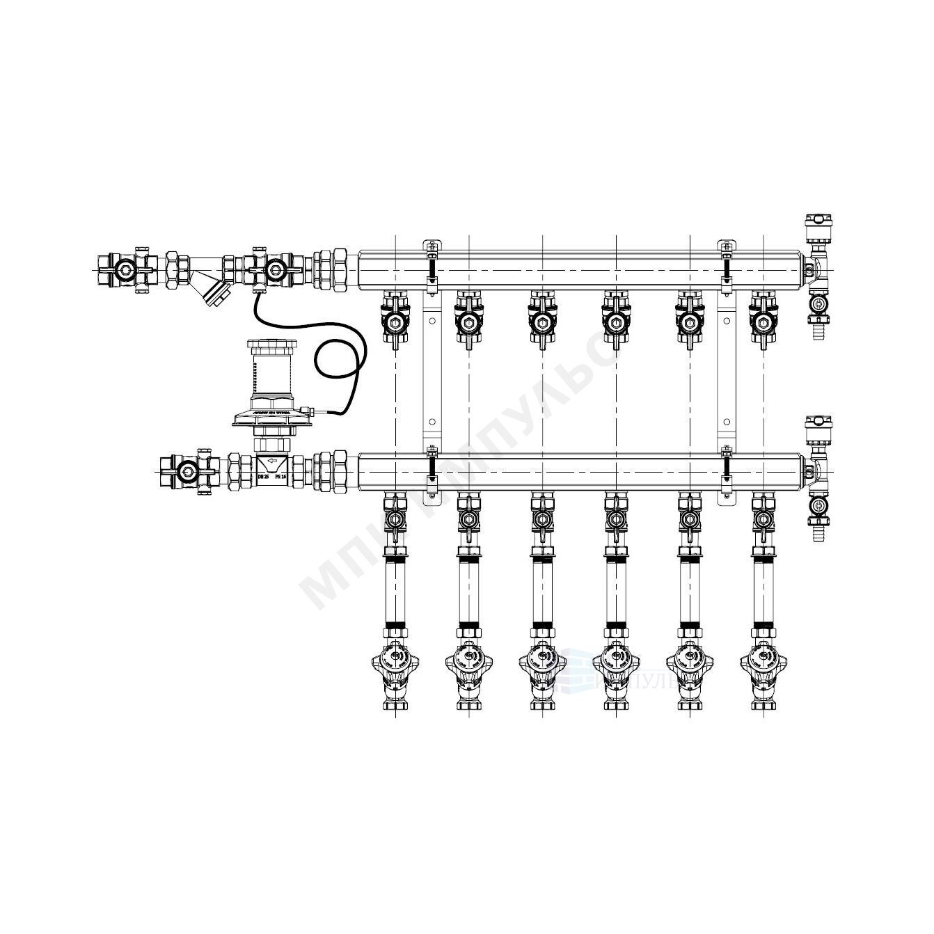 Узел коллекторный этажный латунь Ду 32 для учёта расхода ТЭ GE553-B3(D2) 1" 7 вых 1/2" Giacomini GE553Y447 — изображение 2