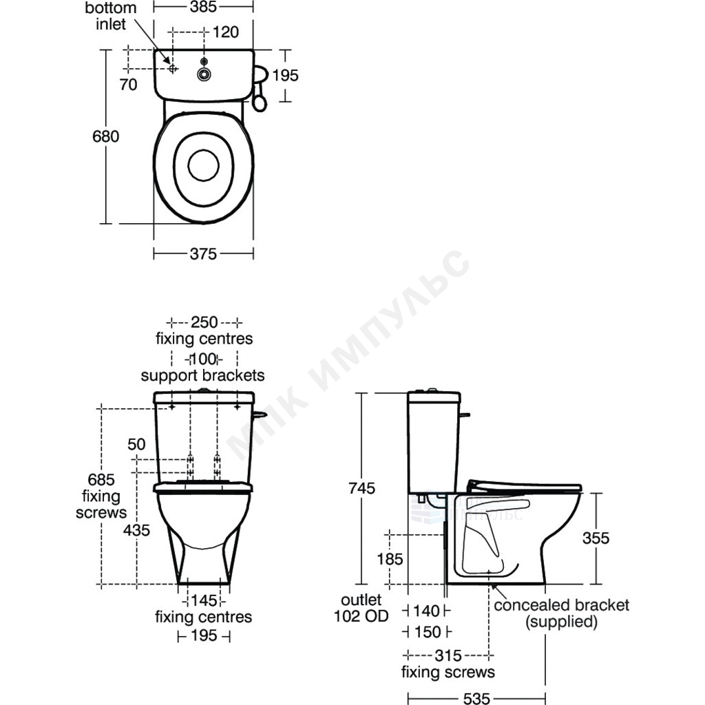 Бачок для унитаза нижний подвод арматура 1/реж слив кнопка белый CONTOUR 21 Ideal Standard S306401 — изображение 2