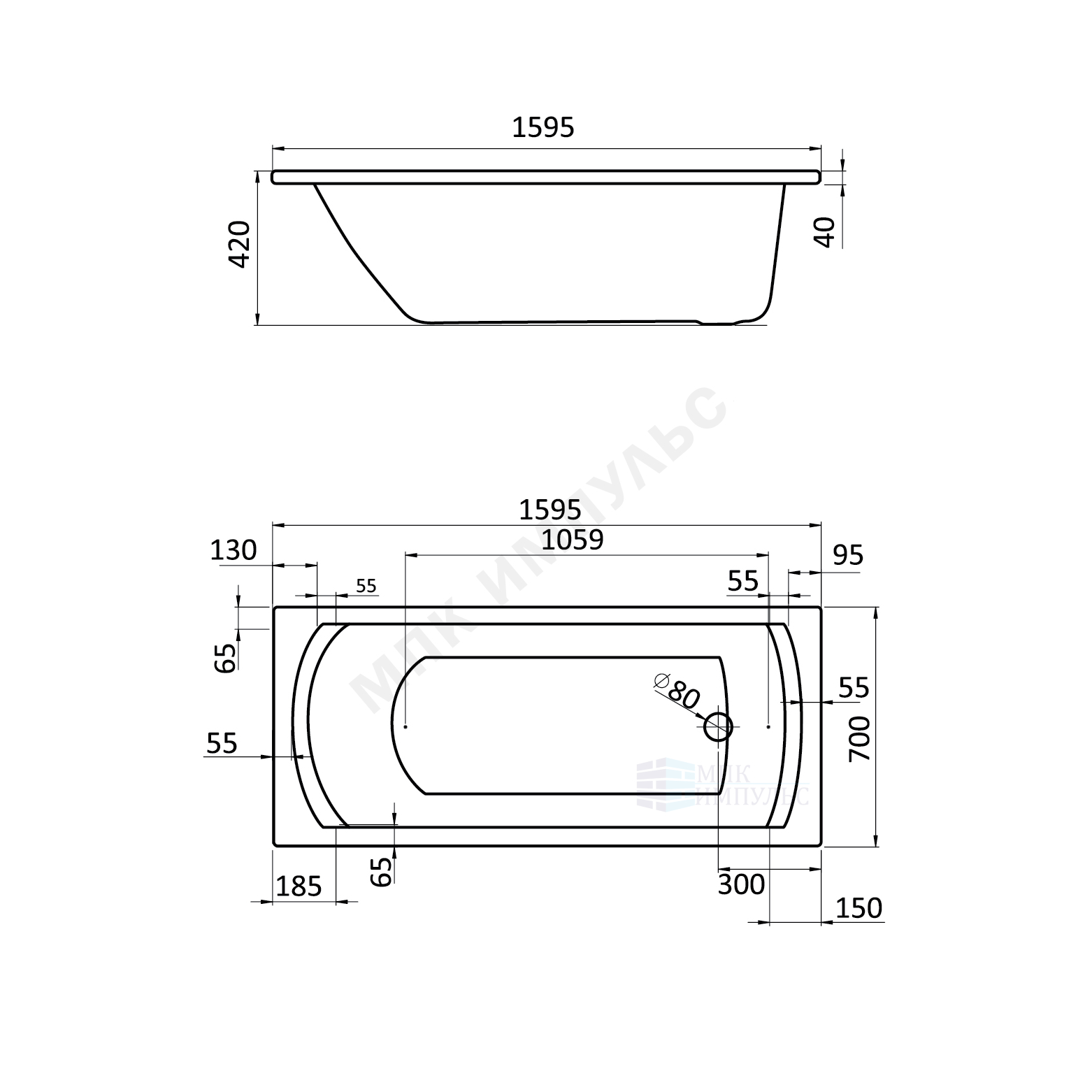 Ванна акриловая Монако 160х70см без ножек Santek 1.WH11.1.977 — изображение 2