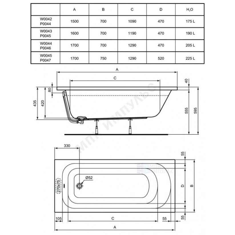 Ванна акриловая SIMPLICITY 170х75см без ножек Ideal Standard W004501 . — изображение 3