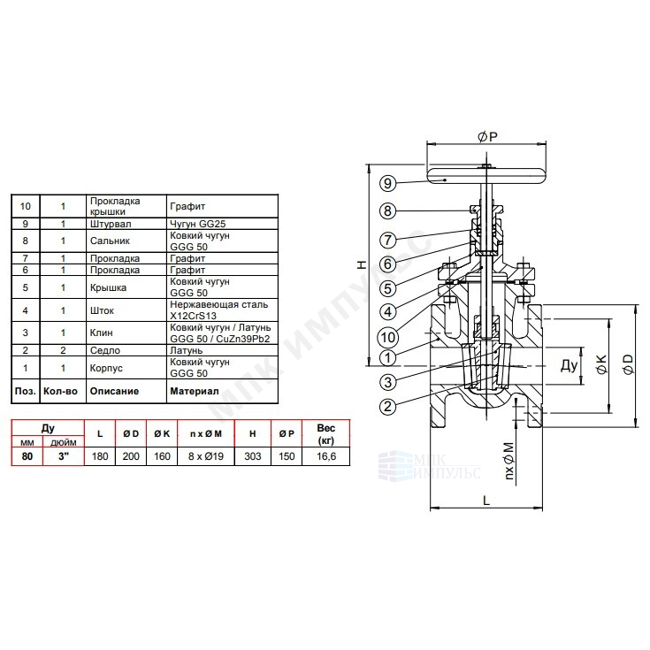 Задвижка чугун V4246 Ду 80 Ру16 Тмакс=120C фл Tecofi V4246-0080 — изображение 6
