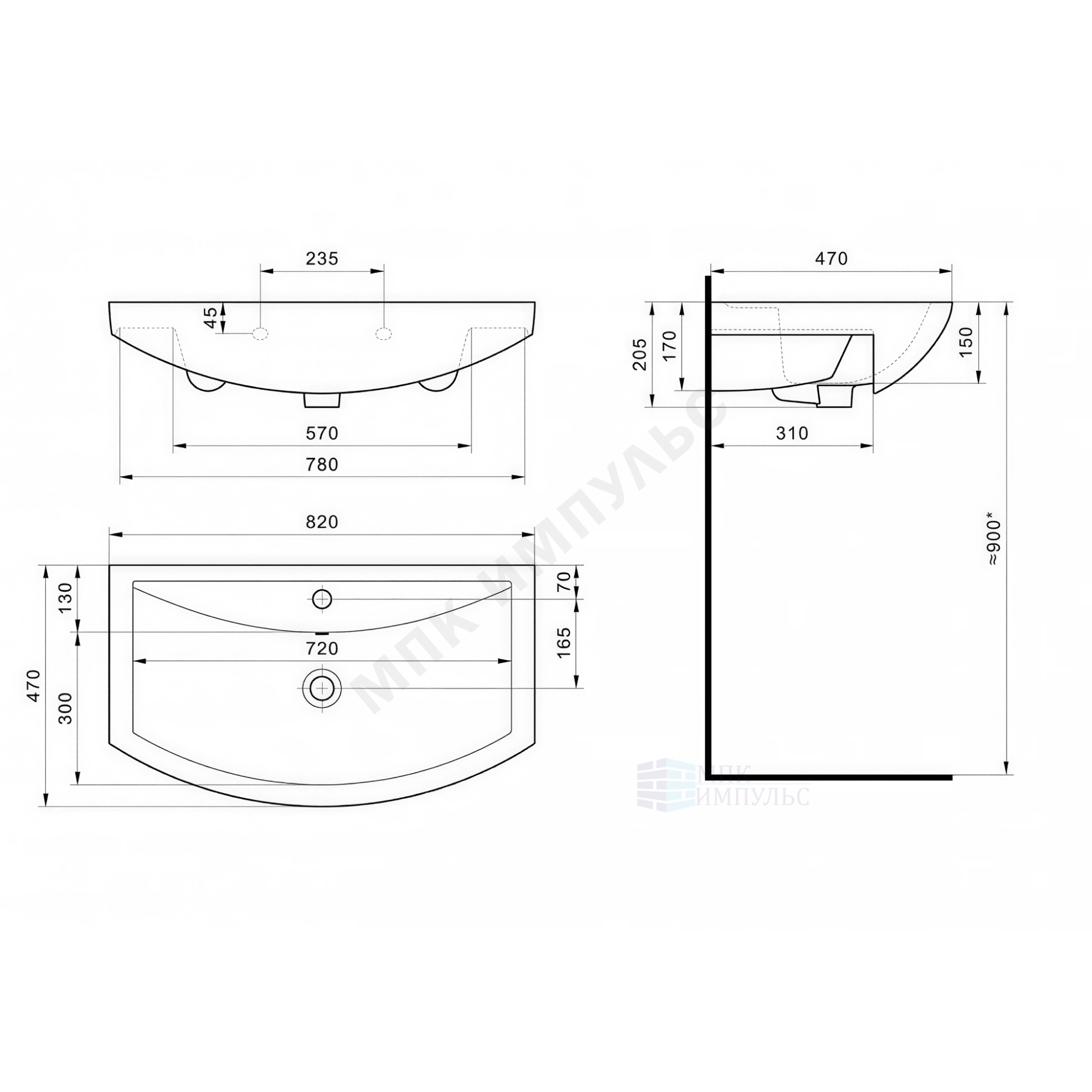 Умывальник мебельный Сенеж 87 1 отверстие под смеситель по центру белый Santek 1.WH11.0.265 — изображение 4