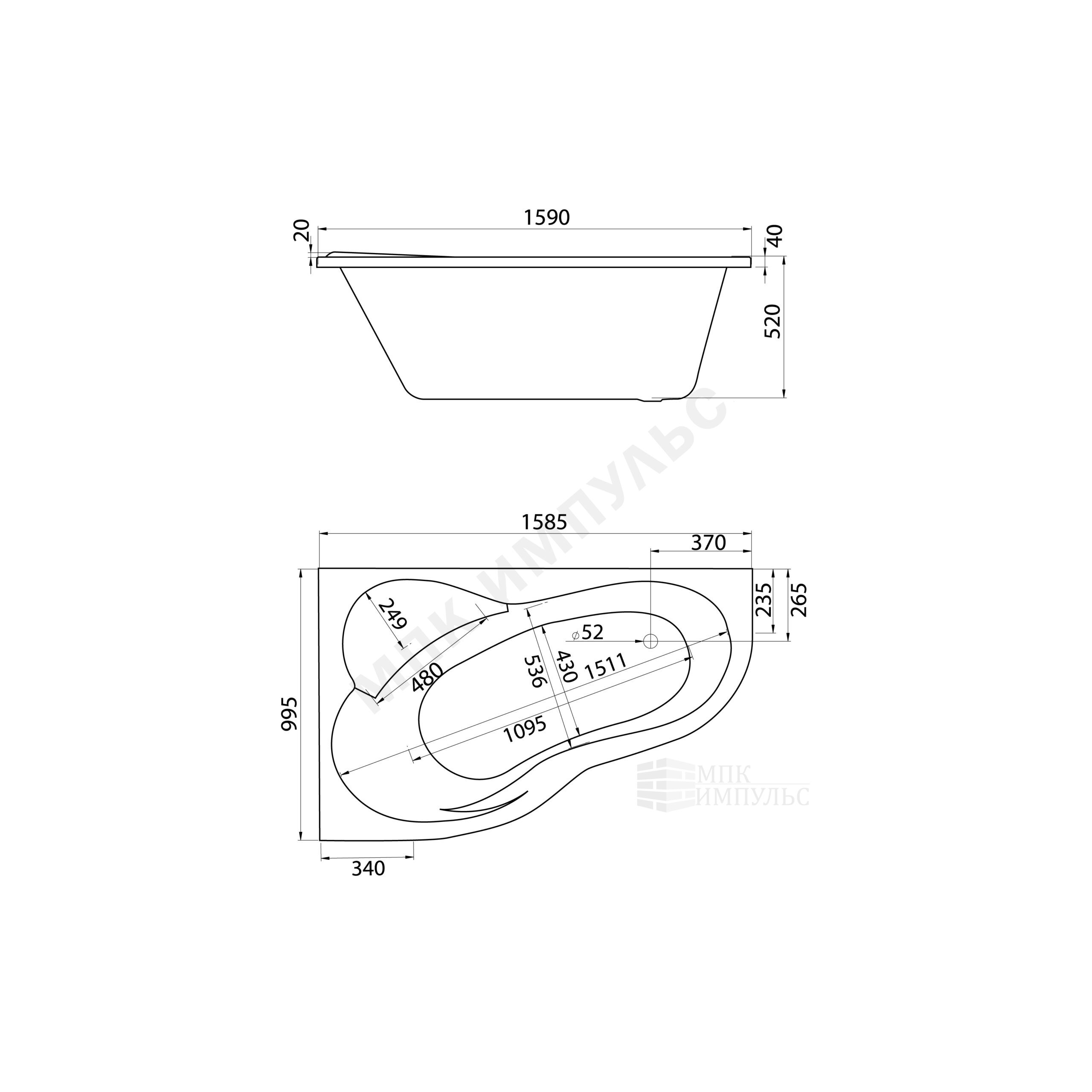 Ванна акриловая Ибица XL L 160х100см без ножек левосторонняя Santek 1.WH11.2.036 — изображение 3