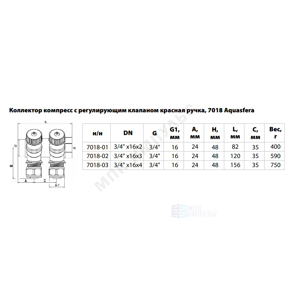 Коллектор латунь 3/4" ВР/НР на 3 вых Дн16 м/о 35мм обжим с регулирующими клапанами, красные ручки для мп 7018 Aquasfera 7018-02 — изображение 18