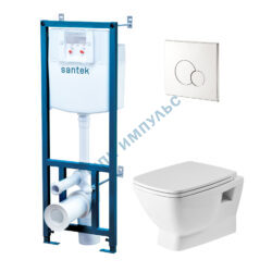 Комплект 4 в 1 инсталляция + кнопка смыва хром + унитаз подвесной сиденье дюропласт микролифт Нео Rimless Santek 1.WH50.1.572