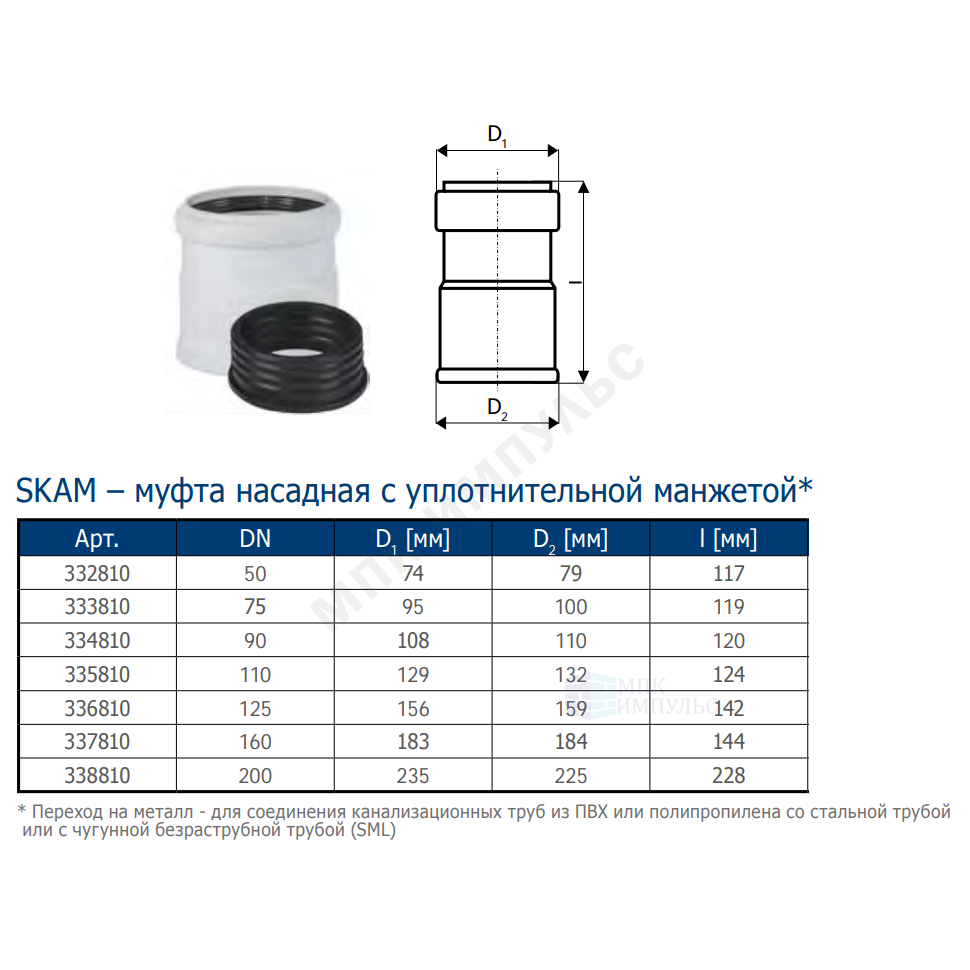 Муфта PP-MD насадная бесшумная светло-серая Skolan Safe SKAM Дн 58 (DN50) б/нап в/к Ostendorf 332810 — изображение 2