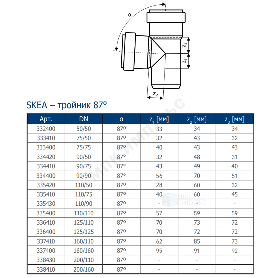 Тройник PP-MD бесшумный светло-серый Skolan Safe SKEA Дн 58х58х87гр (DN50) б/нап в/к Ostendorf 332400 — изображение 2