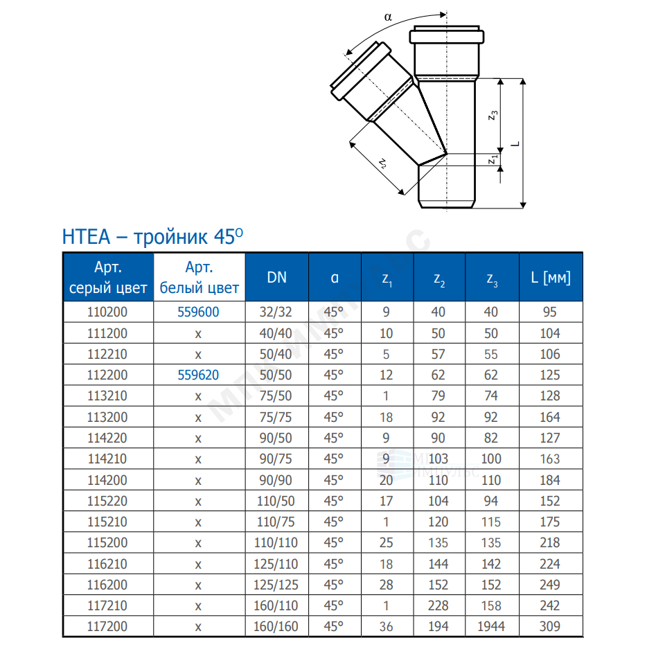 Тройник PP-H переходной серая HT HTEA Дн 75х50х45гр б/нап в/к Ostendorf 113210 — изображение 2