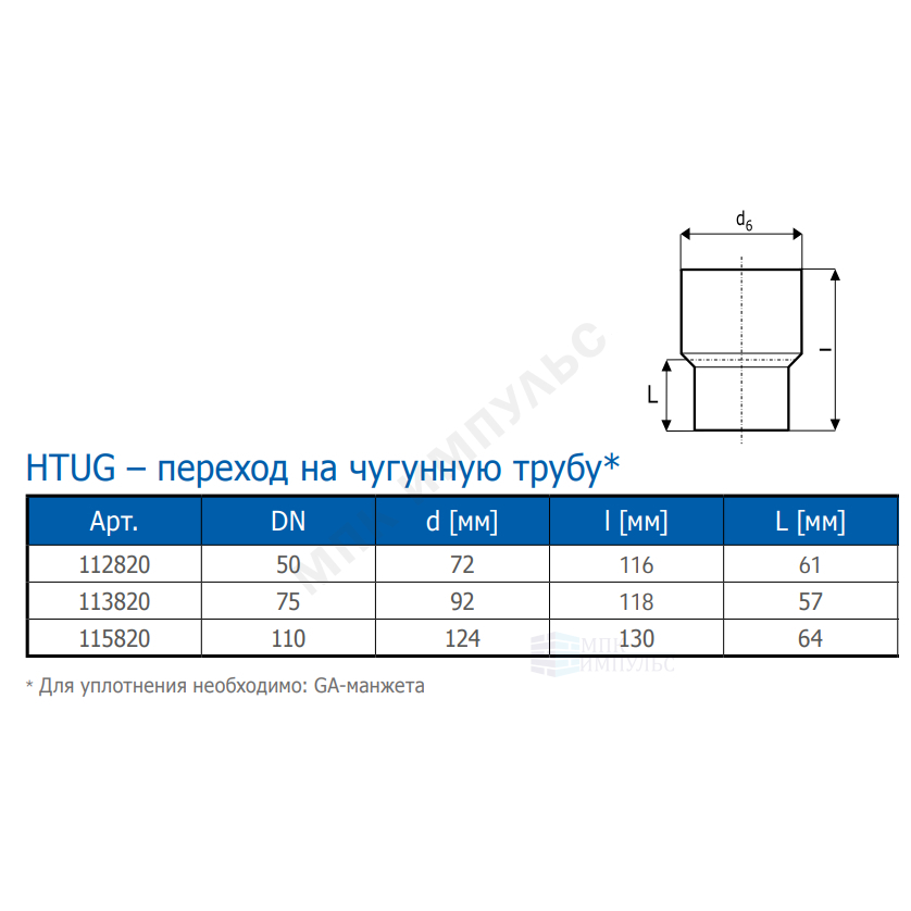Переход PP-H на чугун серый HT HTUG Дн 75 б/нап без манжеты Ostendorf 113820 — изображение 2