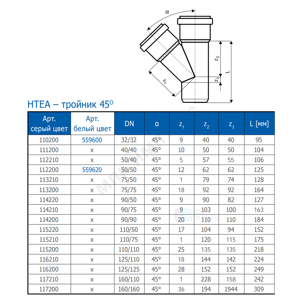 Тройник PP-H серая HT HTEA Дн 160х160х45гр б/нап в/к Ostendorf 117200 — изображение 2