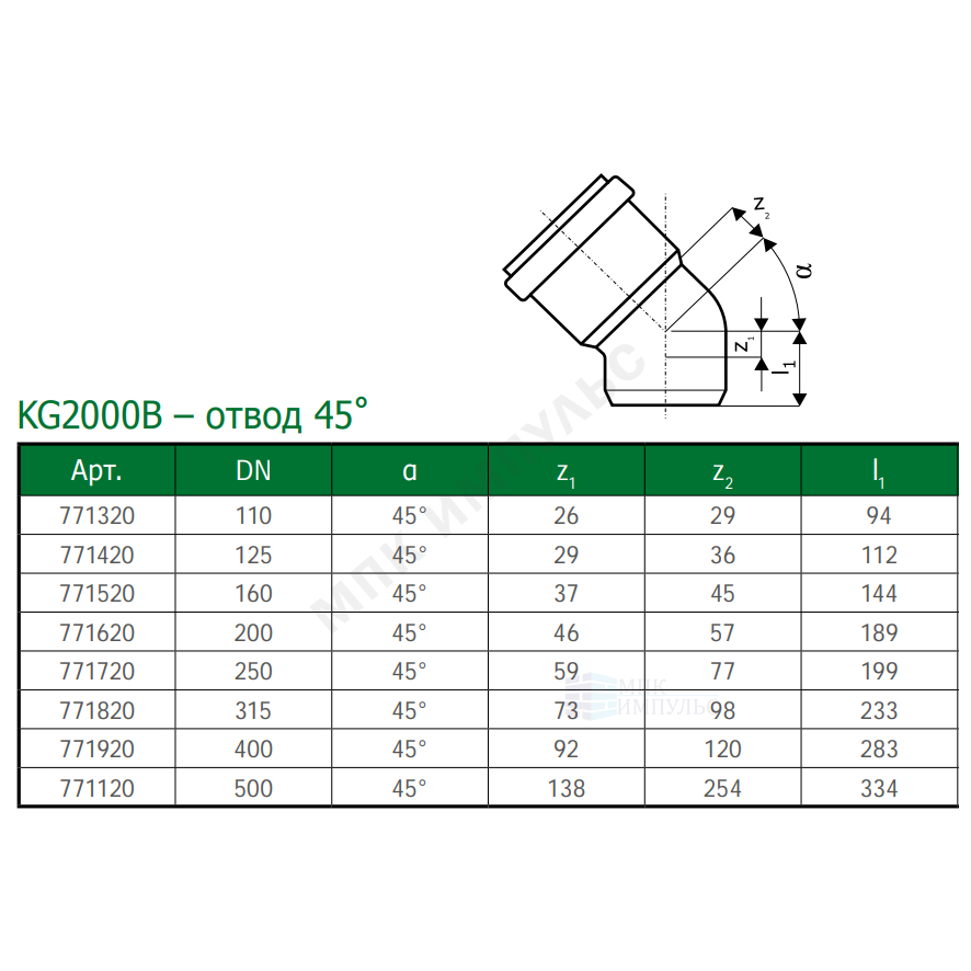 Отвод PP-MD зелёный KG2000 KG2000B Дн 110х45гр б/нап в/к Ostendorf 771320 — изображение 2