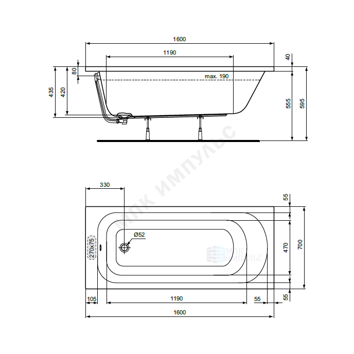 Ванна акриловая SIMPLICITY 160х70см без ножек Ideal Standard W004301 — изображение 3