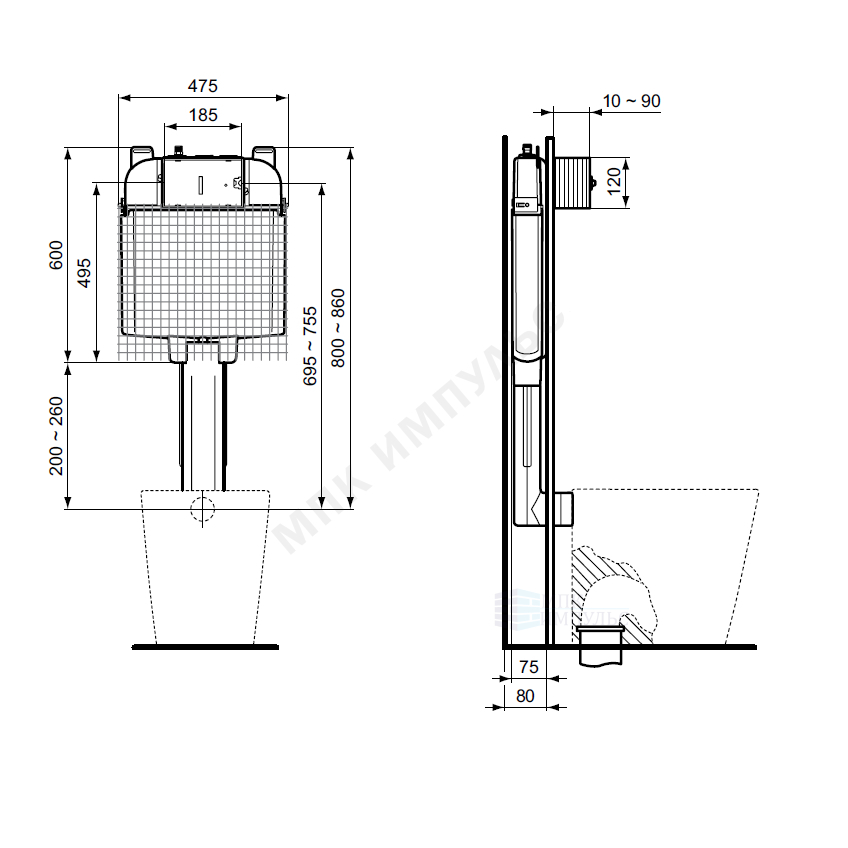 Бачок скрытого монтажа для напольного унитаза без кнопки смыва PROSYS BUILT IN CISTERN 80 M Ideal Standard R014767 — изображение 2
