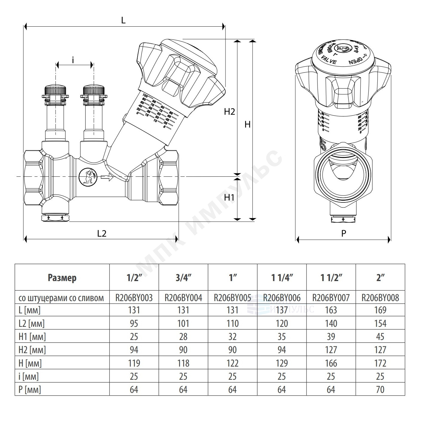Клапан балансировочный ручной латунь R206B Ду 15 G1/2" A Ру25 ВР Kvs=2.7м3/ч с измерительными ниппелями Giacomini R206BY003 — изображение 2