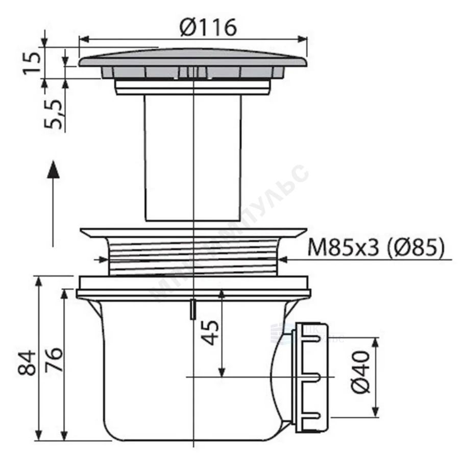 Сифон для поддона 1 1/2"x90/40 h=84мм слив крышка D=115мм Alca Plast A49K Mat — изображение 2