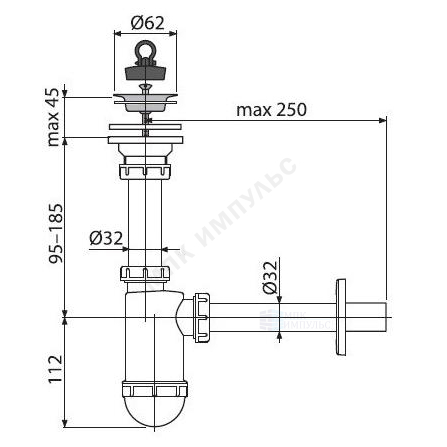 Сифон для умывальника бутылочный 1 1/4"x32 с прямой трубкой 32 выпуск с нержавеющей решёткой D=63мм Alca Plast A411 — изображение 2